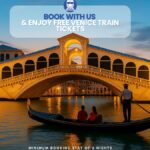 Venedig Aussicht mit Gondel und Marriott Bonvoy Logo. Buchen Sie bei Desenzano Loft für kostenlose Venedig-Zugtickets (ab 6 Nächten).