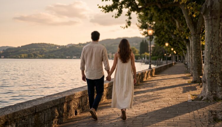 Coppia passeggia sul lungolago del Lago di Garda al tramonto - DesenzanoLoft