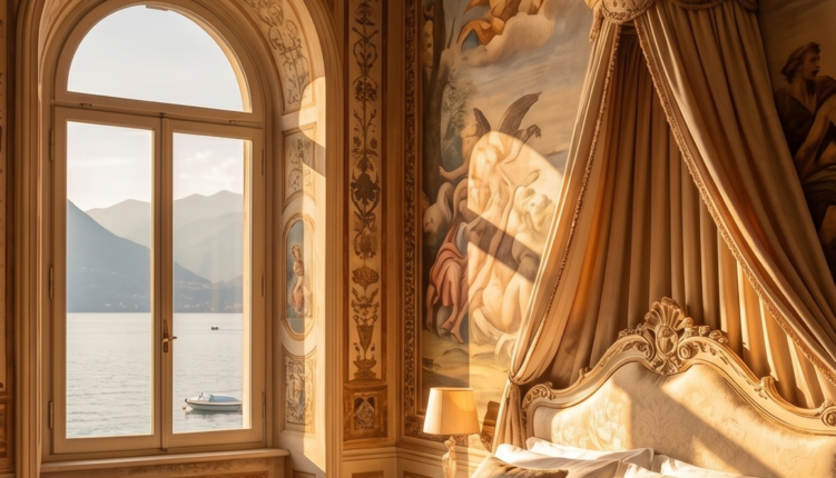 Frescoed bedroom of a luxury Lake Garda villa at golden hour with lake view