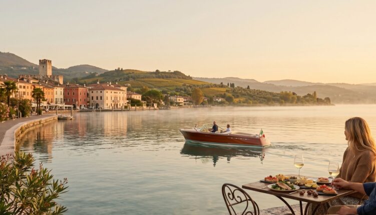 Lago di Garda a Desenzano del Garda al tramonto in autunno: barca in legno e aperitivo con vino bianco sul lungolago