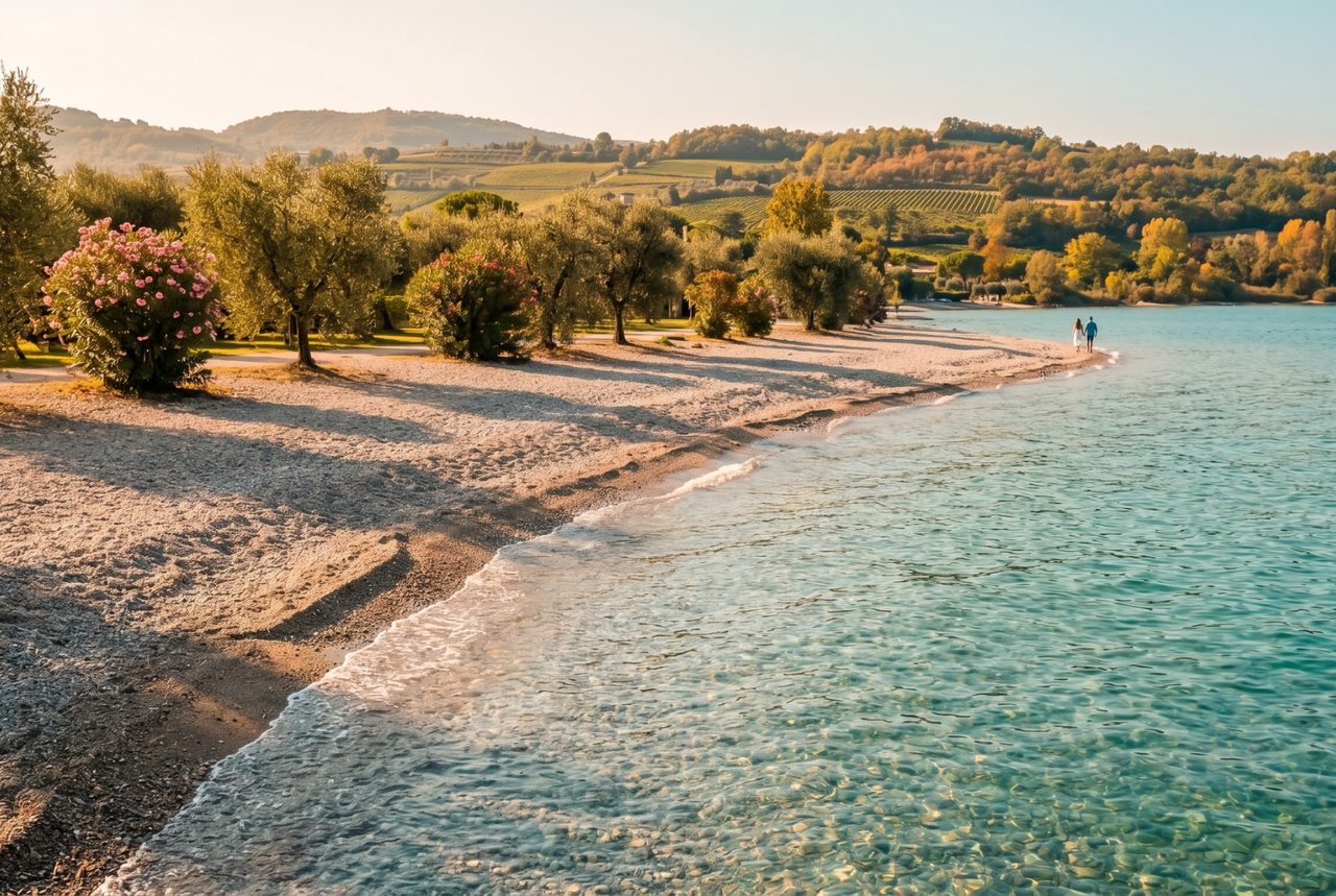Spiaggia tranquilla e acqua cristallina sul Lago di Garda a settembre