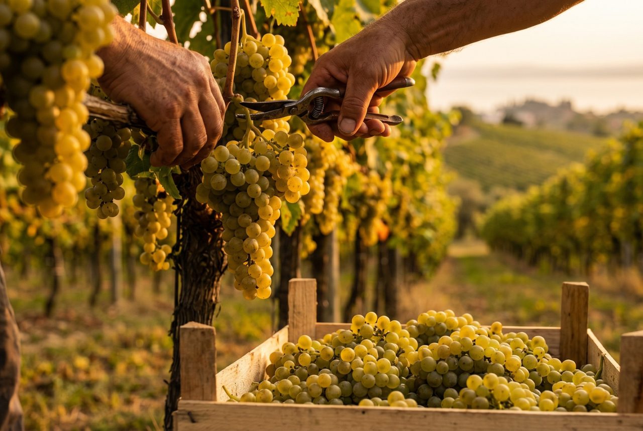 Vendemmia delle uve Lugana sul Lago di Garda