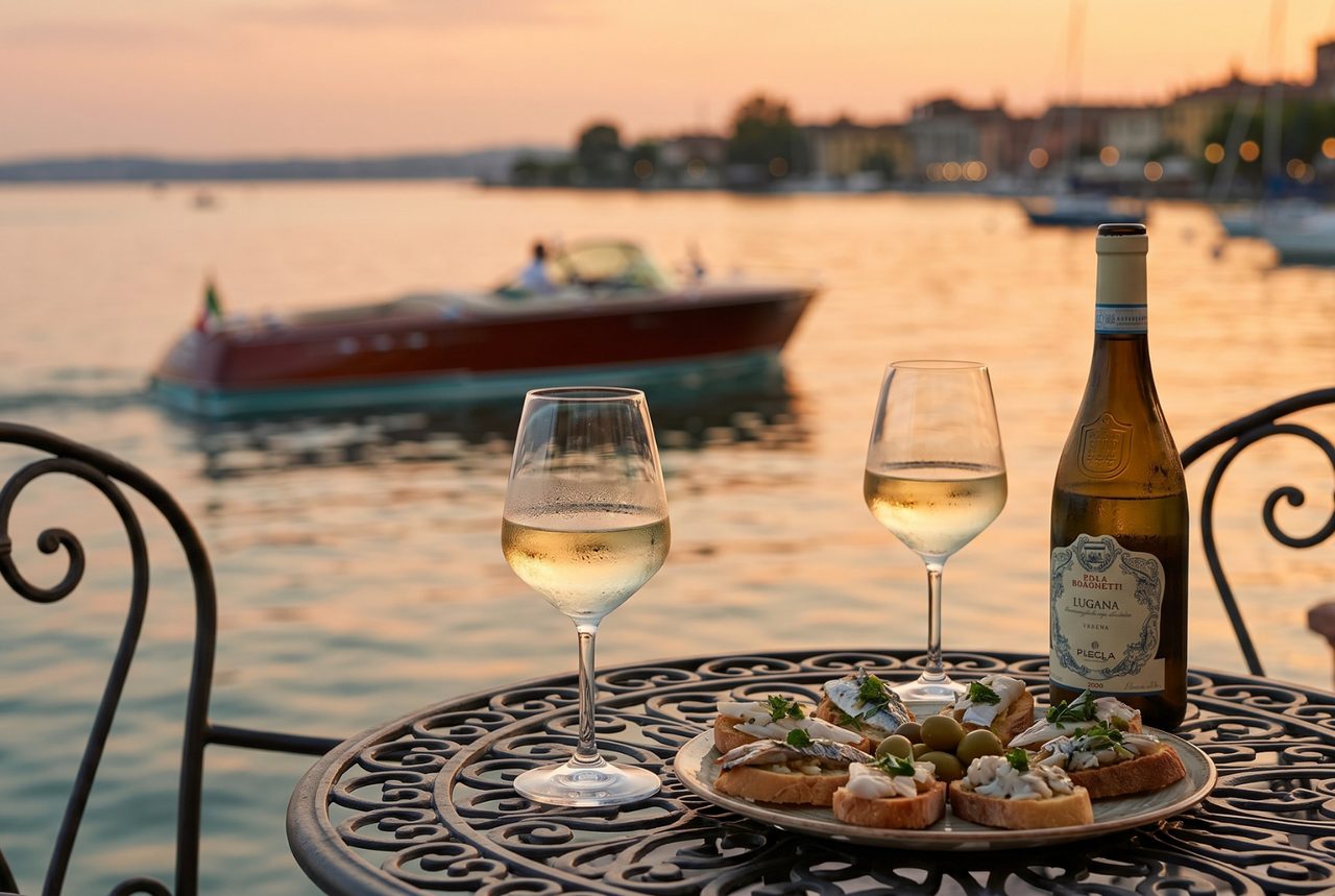 Calici di vino bianco Lugana sul lungolago al tramonto